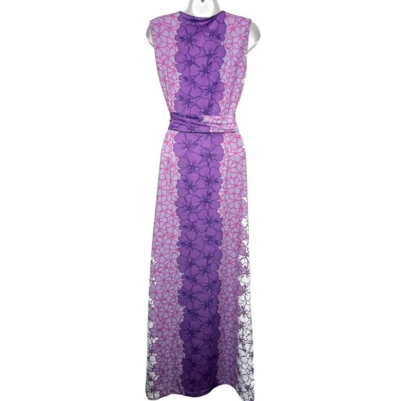 Rulon Reed Morgan Maxi Dress XS Green Purple Hibiscus Belt Sheath Resort - Picture 8 of 15